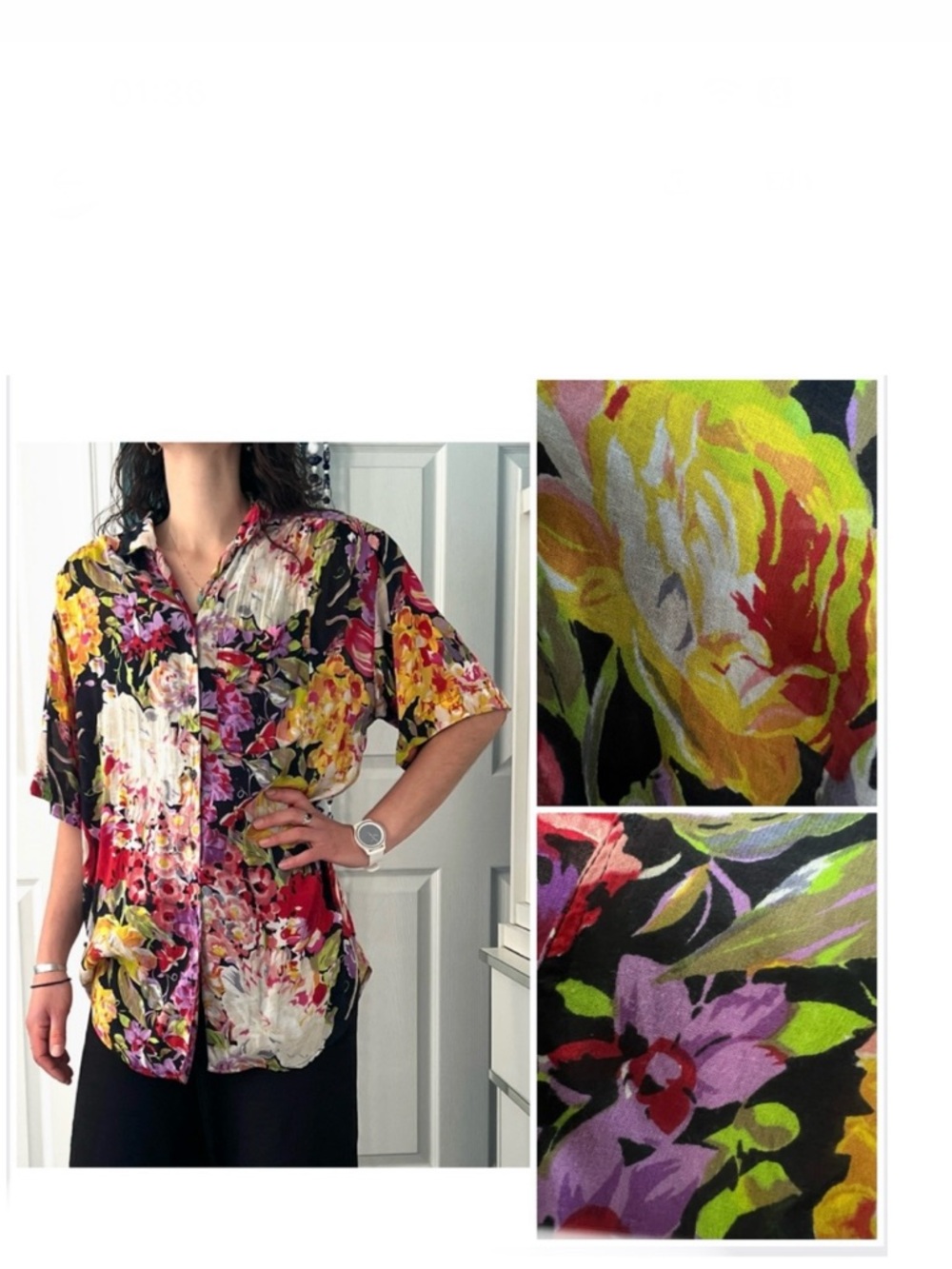 Blouse bold multicolored flower print / long, tucked or cropped / cotton mix